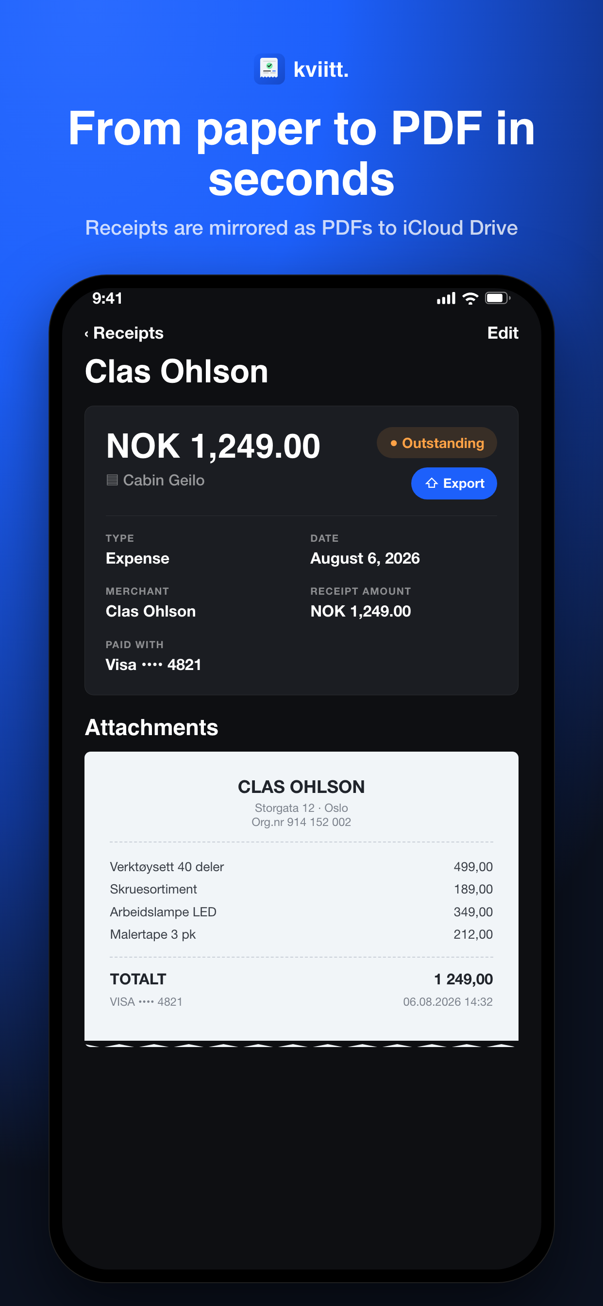 Receipt details in Kviitt