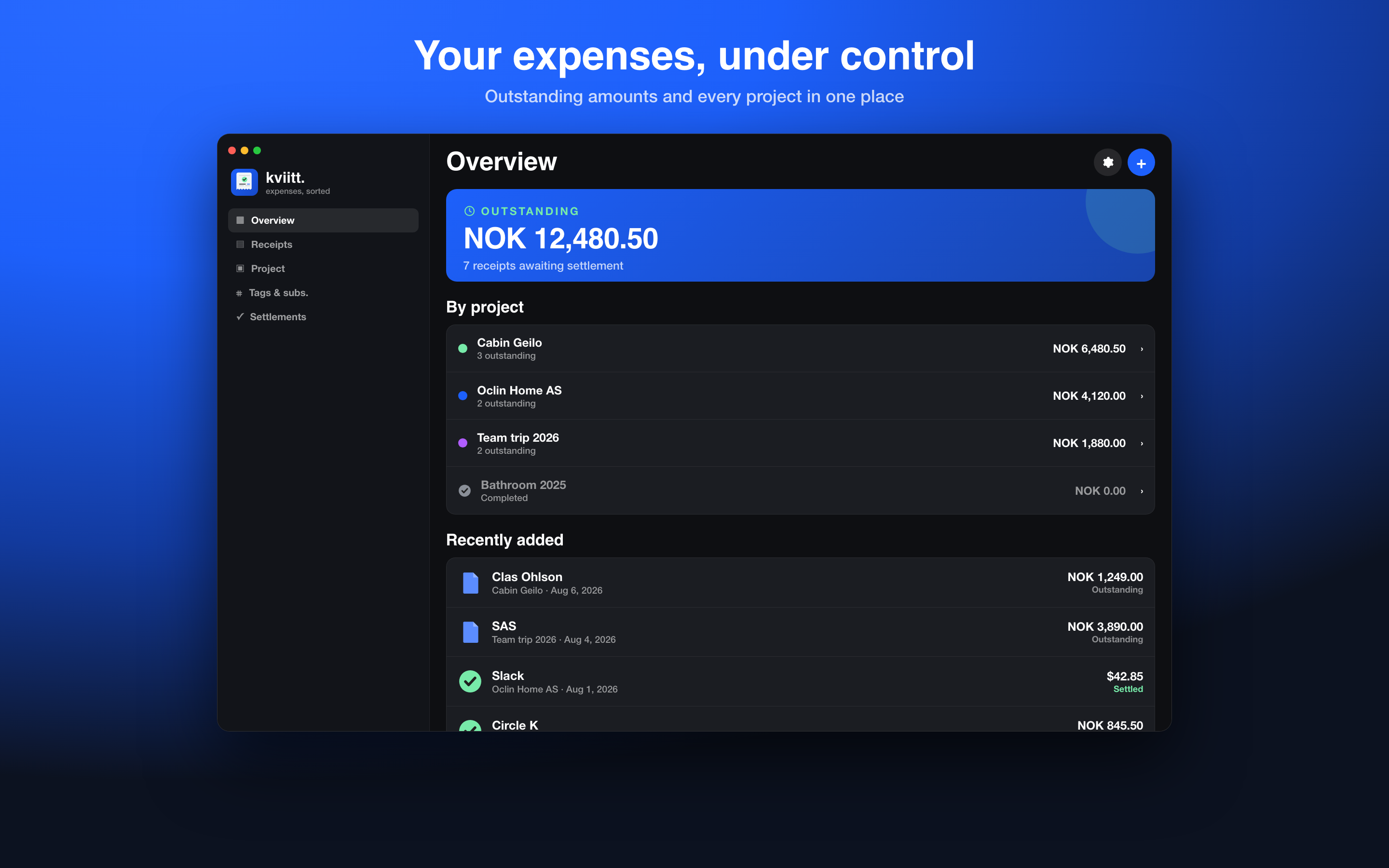 Kviitt on Mac showing outstanding expenses and projects
