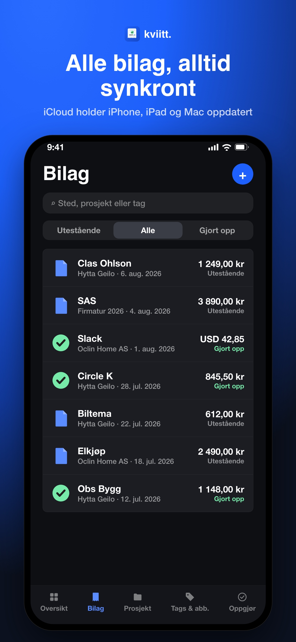 Bilagsliste i Kviitt